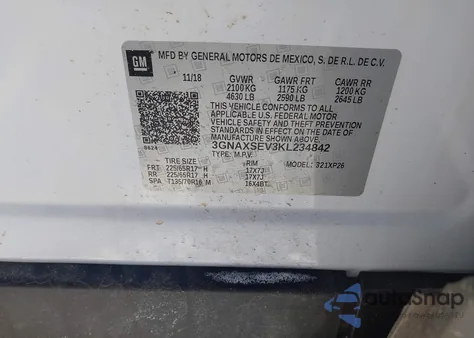 2019 Chevrolet Equinox Ls z USA, uszkodzony, nr VIN 3GNAXSEV3KL234842